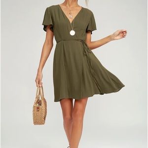 Lulu's Olive Green V-Neck Wrap Short Dress